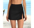 Women High Waist Swimming Skort Ruched Side Slit Bikini Bottom Quick-Dry Breathable Sports Yoga Swimming Skirt-Black