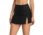 Women High Waist Swimming Skort Ruched Side Slit Bikini Bottom Quick-Dry Breathable Sports Yoga Swimming Skirt-Black