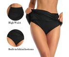 Women High Waist Swimming Skort Ruched Side Slit Bikini Bottom Quick-Dry Breathable Sports Yoga Swimming Skirt-Black