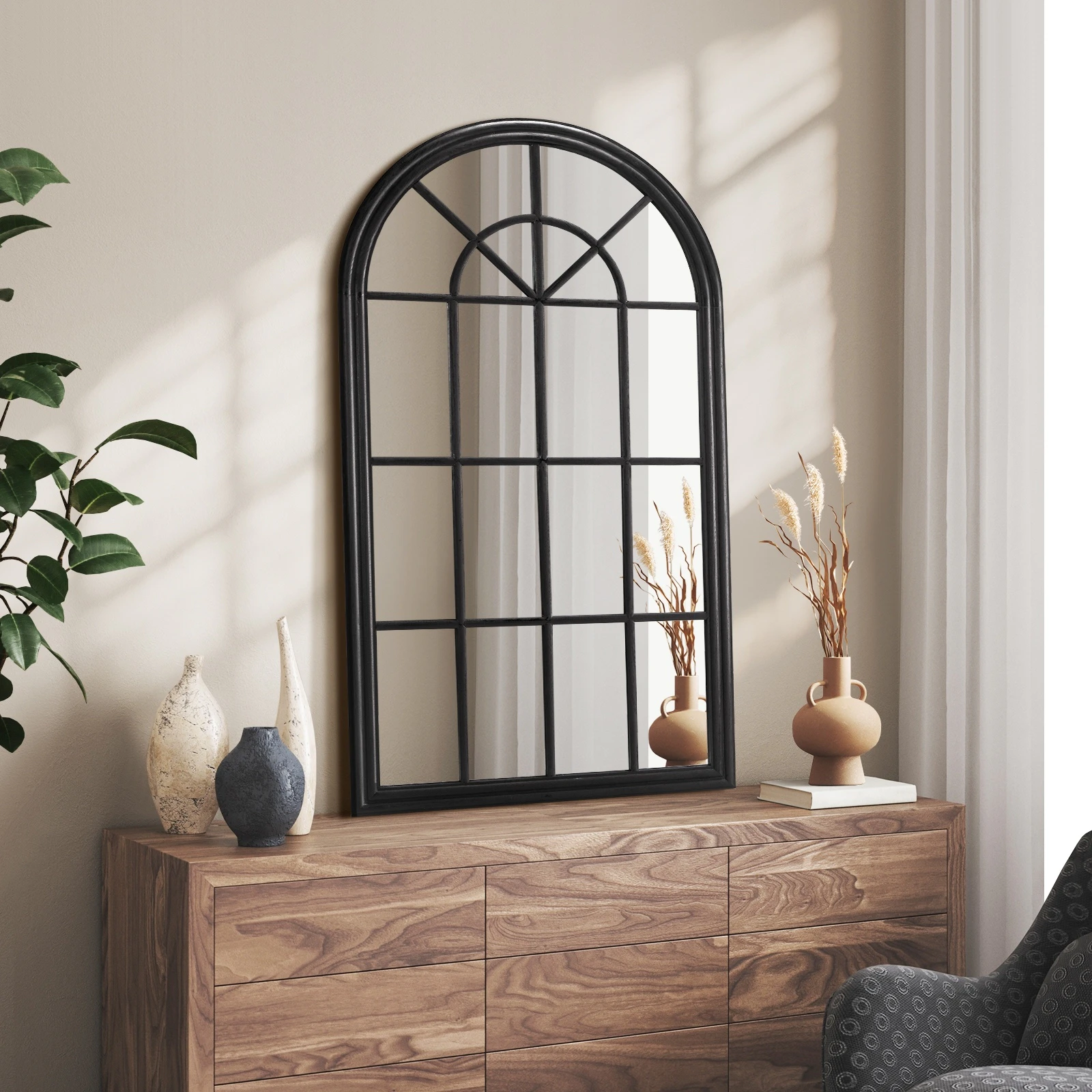 Oikiture Window Mirror Arched Wall Mirrors Decor 76x51cm Wooden Black