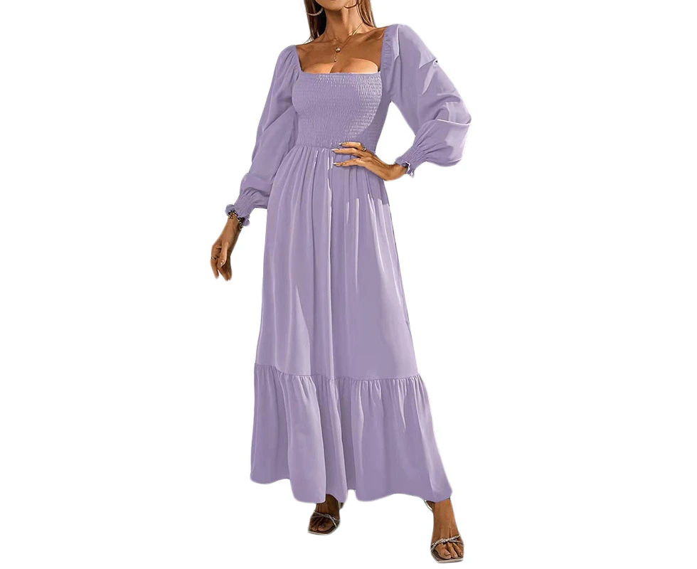 Strapsco Womens Square Neck Flowy Dress Shirred Ruffle Hem Maxi Dress-Purple