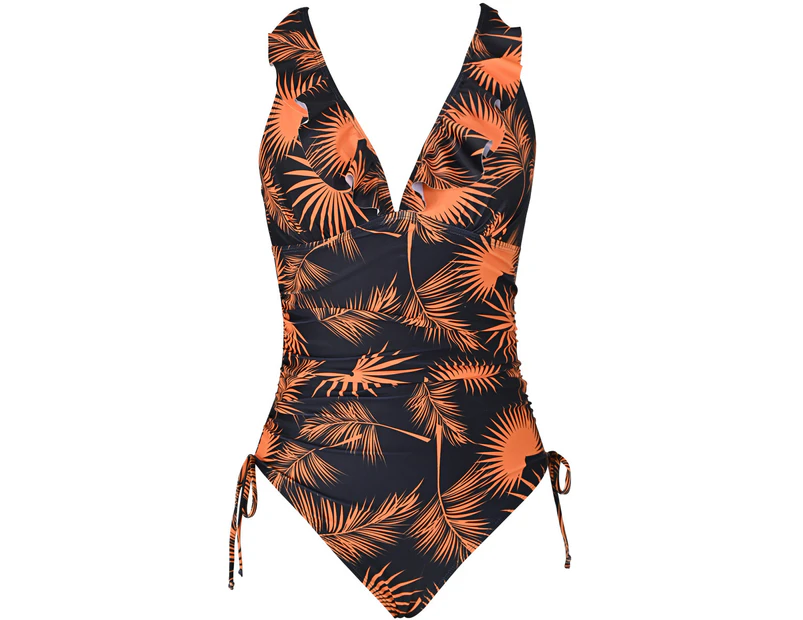 Women One Piece Swimsuits Tummy Control Halter Bathing Suits Sexy Swimwear-Black leaves