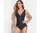 Women One Piece Swimsuits Tummy Control Halter Bathing Suits Sexy Swimwear-Black leaves