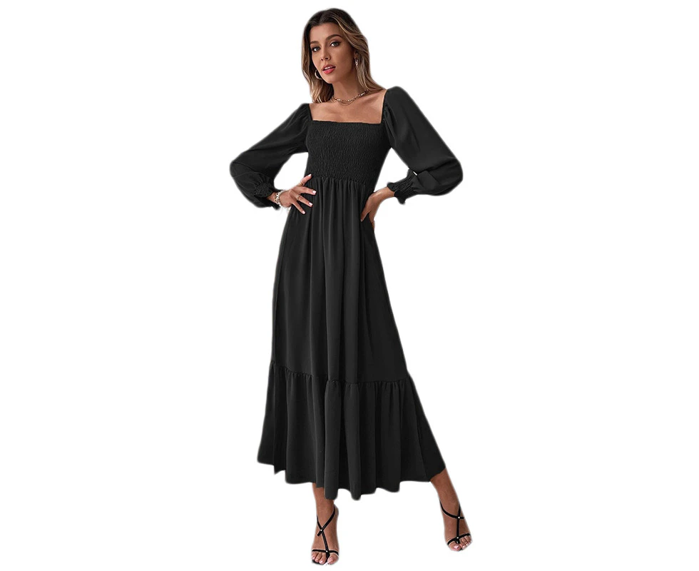 Strapsco Womens Square Neck Flowy Dress Shirred Ruffle Hem Maxi Dress-Black