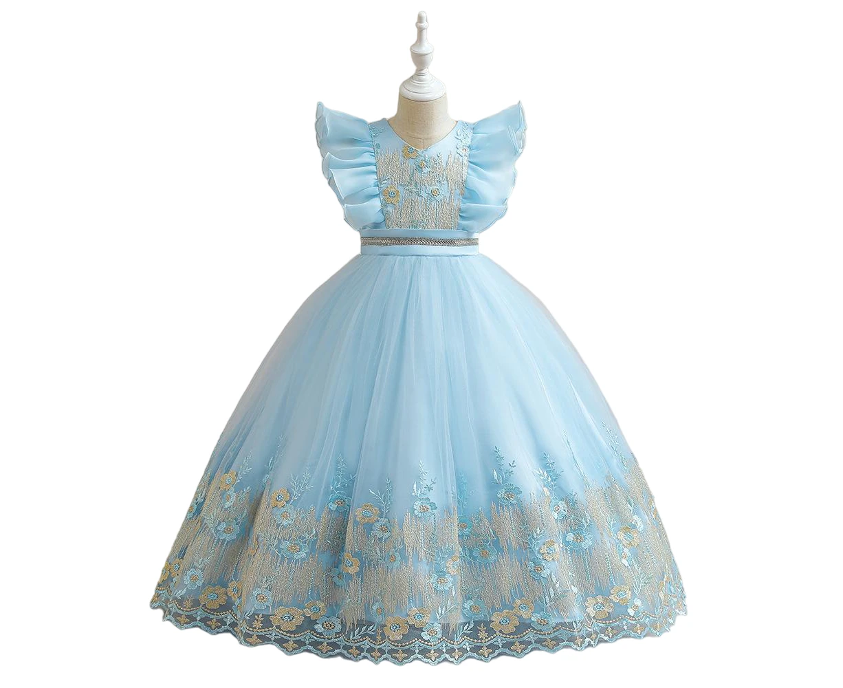 3yrs-14yrs Sky Serenity: Embroidered Kids Formal Dress in Lovely Light Blue for Elegant Occasions