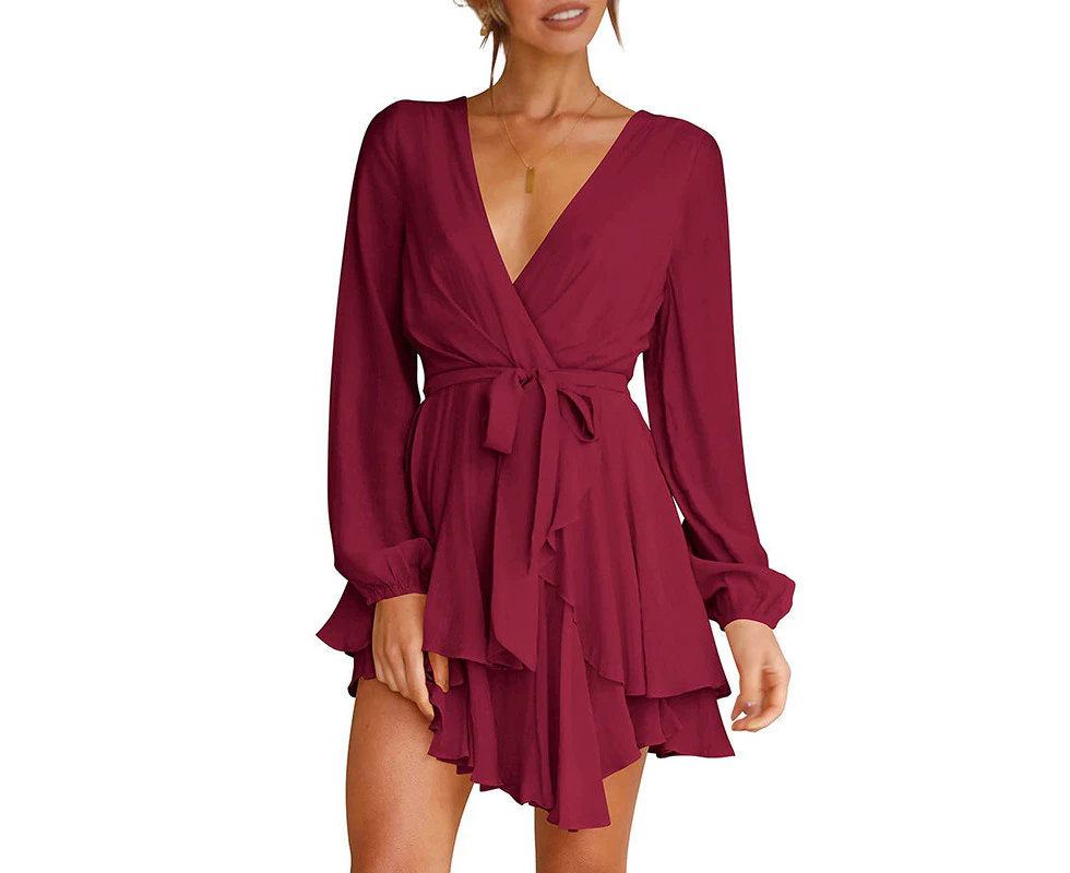 Strapsco Womens Long Sleeve Deep V Neck Dress Waist Tie Mini Swing Dresses-Wine Red