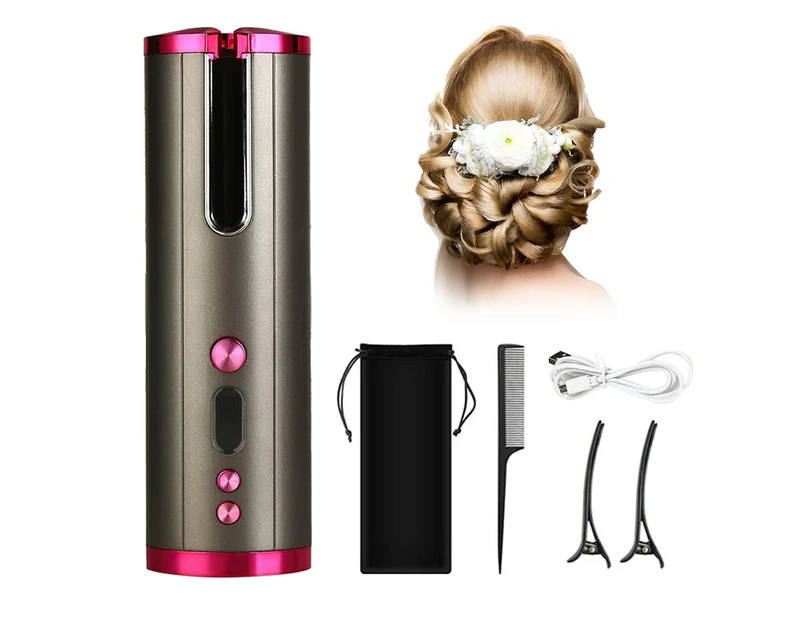 Hair Curler, Automatic Curling Iron with Adjustable LCD Temperature Display Timer Settings, Portable USB Wireless Rechargeable Curling Wand for Trav