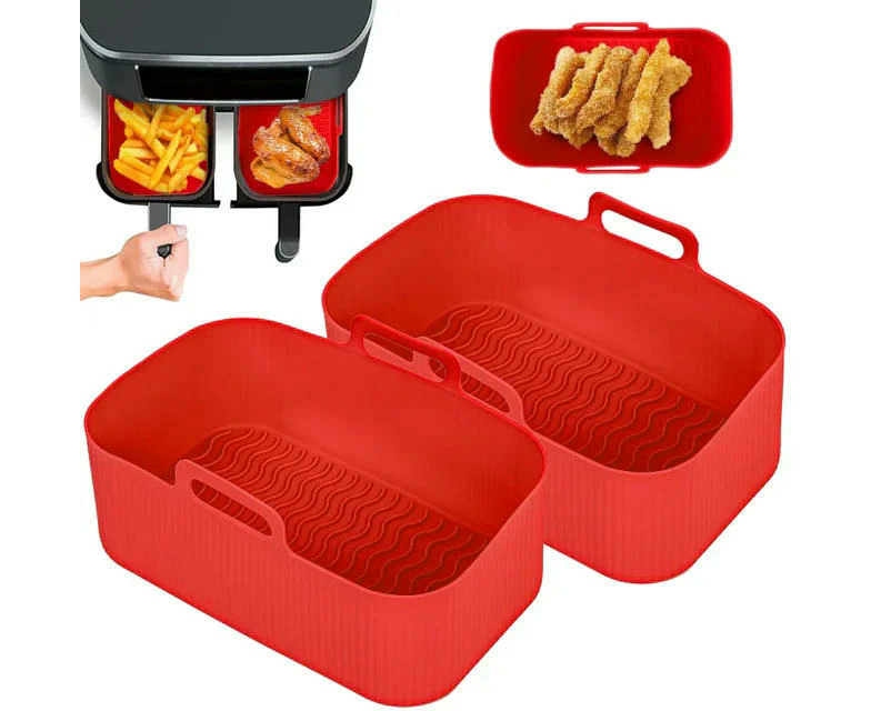 2PCS Air Fryer Silicone Tray Dish Dual 2 Basket Baking Pan Oven Pot Plate Liner Dual Air Fryer Accessories For Ninja Foodi-Red 2pcs