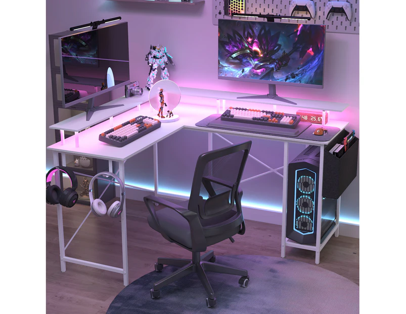 Ufurniture Gaming Desk with LED Lights & Power Outlets Computer Desk L Shaped Desk with Storage Bag White