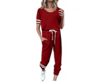 Womens Jogging Suit Leisure Loose Homewear 2-Piece Short Sleeve and Trouser with Pockets-Red