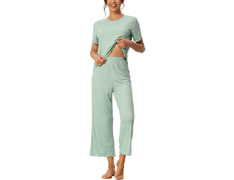 cheibear Short Sleeve Capri Loungewear - Green - Green