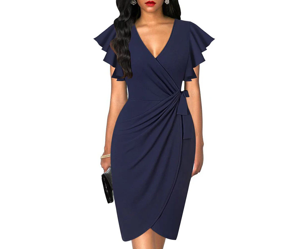 Strapsco Womens Deep V Neck Ruffle Sleeve Wrap Dresses Ruched Slim Dress-Dark Blue