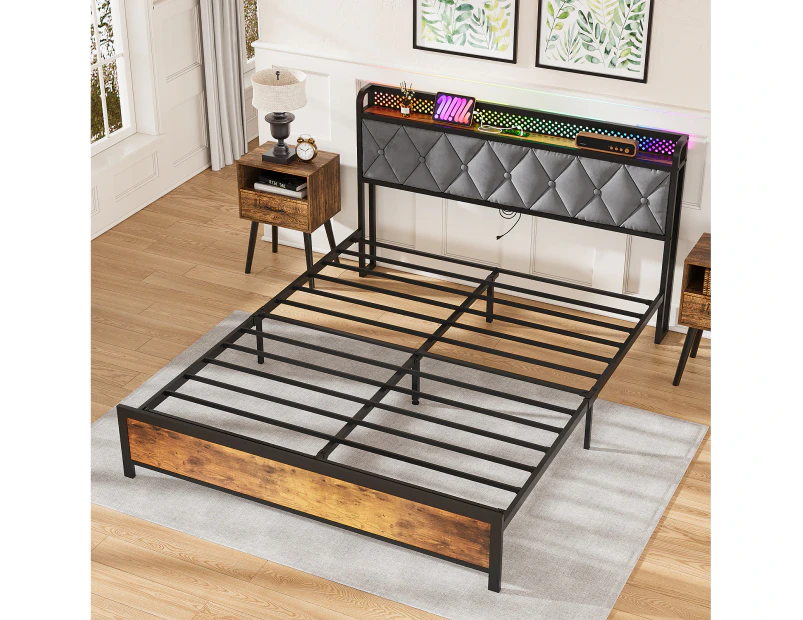 Advwin Bed Frame Queen Size Mattress Base with Charging Station and RGB LED Lights Metal Bed Base with USB Ports Storage Headboard Shelf