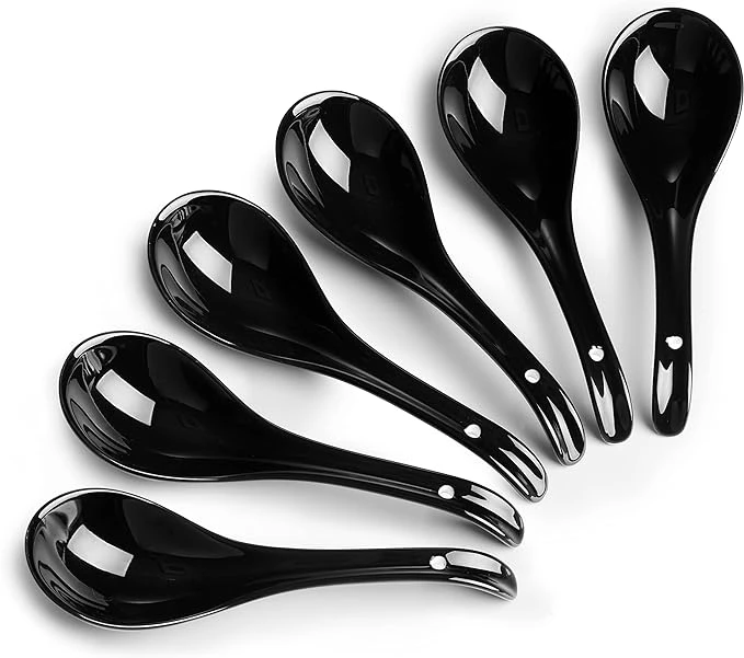 DOWAN Asian Soup Spoons Set Black Ceramic Chinese Soup Spoons, 6PCS