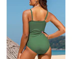 Women Beach Monokini Deep V Neck Low-cut Backless Sleeveless Pleated Bathing Spaghetti Strap Slim Fit Women Swimwear Water Sports Clothes-Army Green