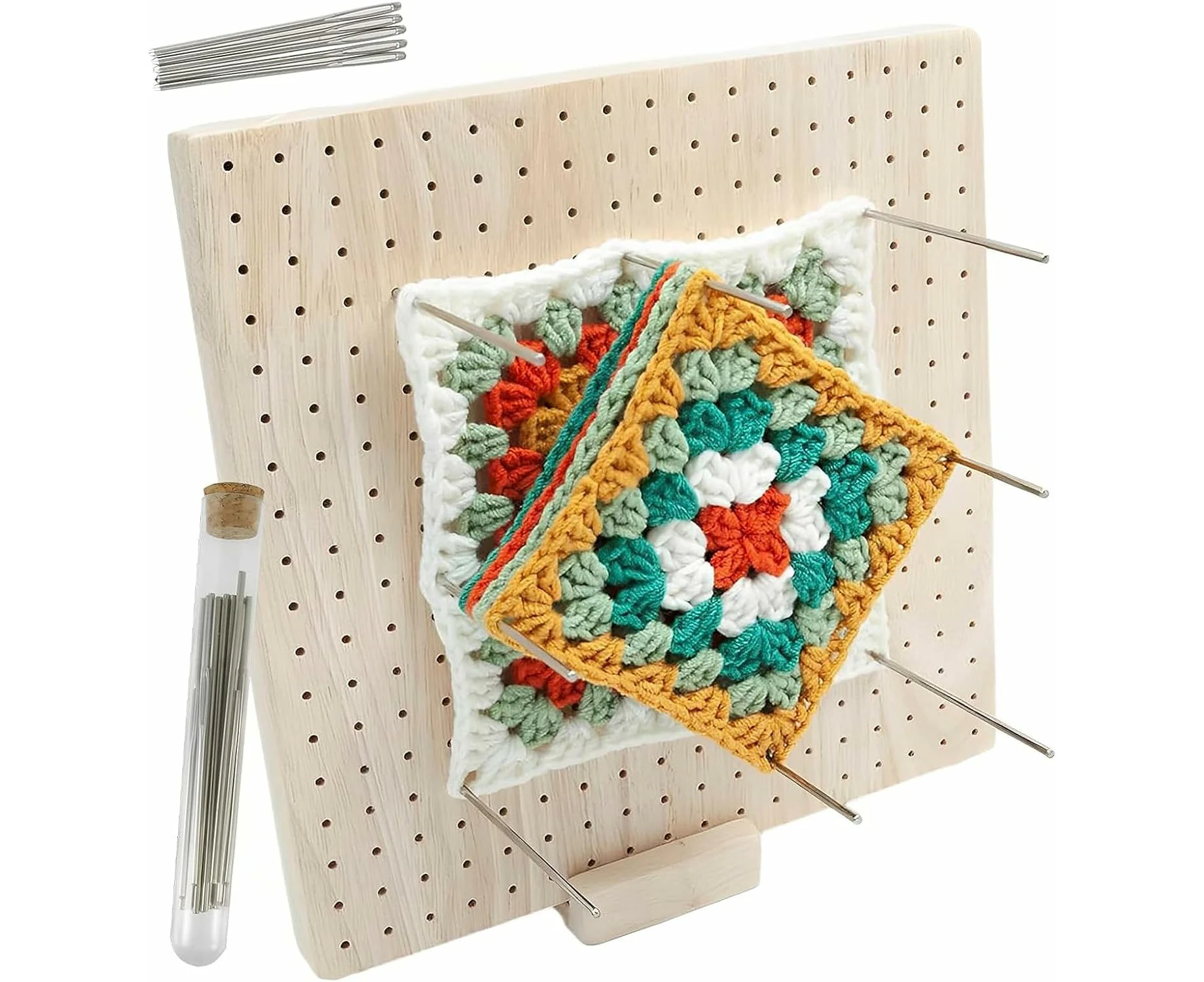 9.3 Inches Rubber Wooden Crochet Blocking Board,Crochet Accessories with 20 Pcs Steel Pins for Knitting Crochet and Granny Squares,Blocking Board