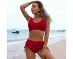 Women's Two Piece High Waisted Bikini Set Tummy Control Swimsuit Full Coverage Bathing Suit-Wine red