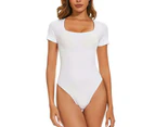 Women's Fit Everybody Bodysuit Soft U Neck T-shirt Body Suits with Thong Design-white