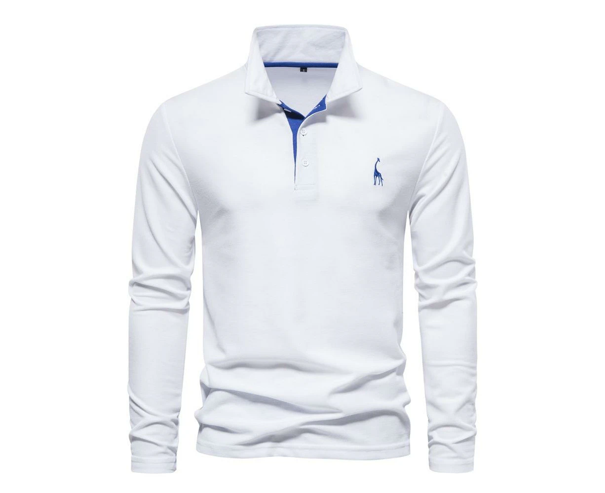 Mens Long Sleeve Polo Shirts Regular Fitted Work Shirts for Men-White