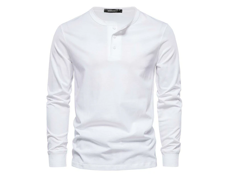 Mens Long Sleeve Henley Shirts Casual Regular Fitted V-neck T-shirts for Men-White