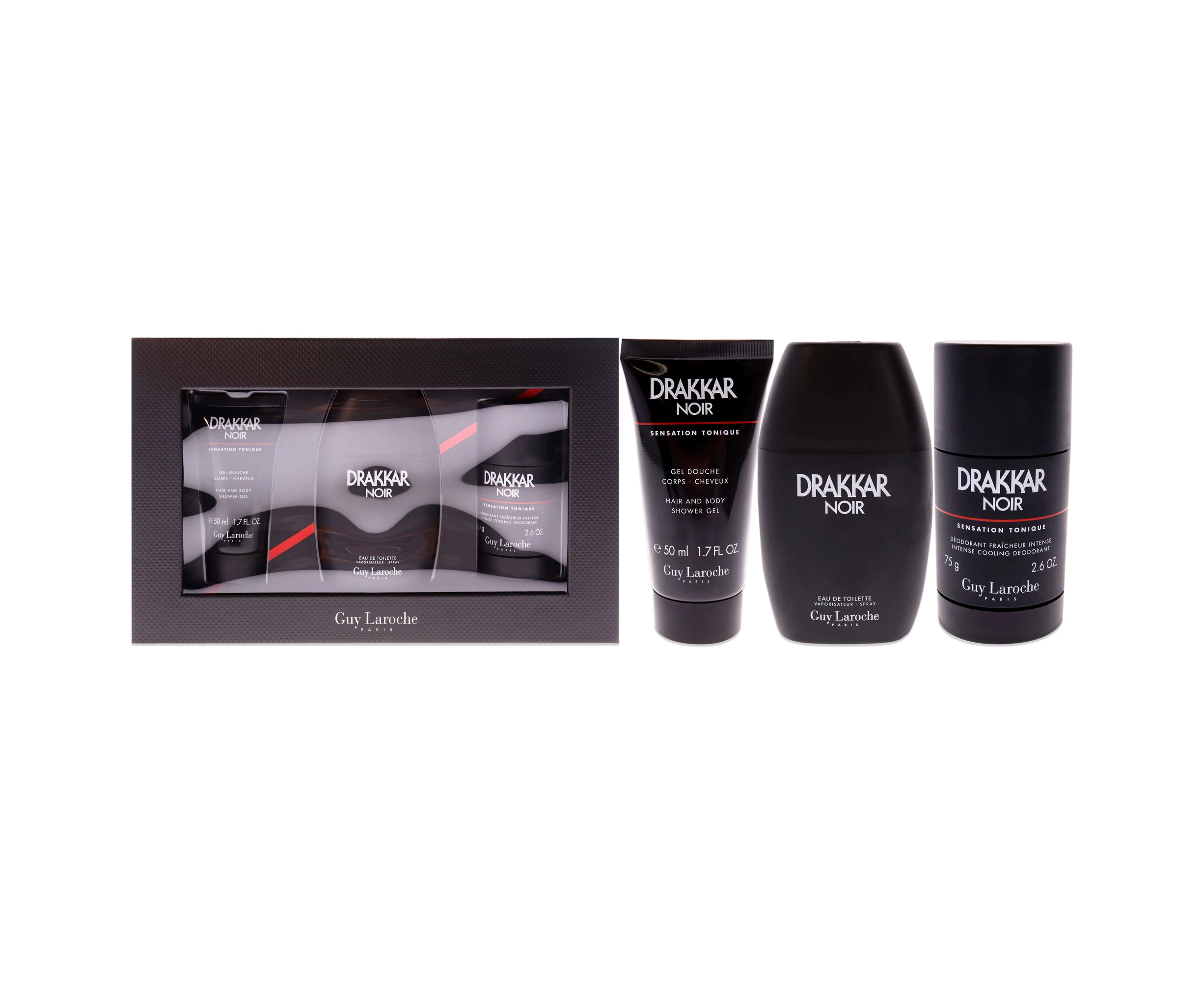 Guy Laroche Drakkar Noir by Guy Laroche for Men - 3 Pc Gift Set 2021 - 3.4oz EDT Spray, 2.6oz Deodorant Stick, 1.7oz Shower Gel