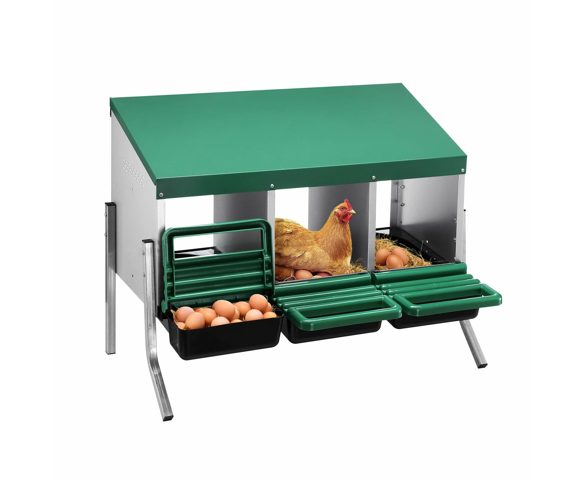 Chicken Nesting Box 3 Compartments Roll Away Hen Chook Laying Nest Boxes Coop Poultry Egg Brooder Roost Perch Galvanised Steel Plastic with Stand