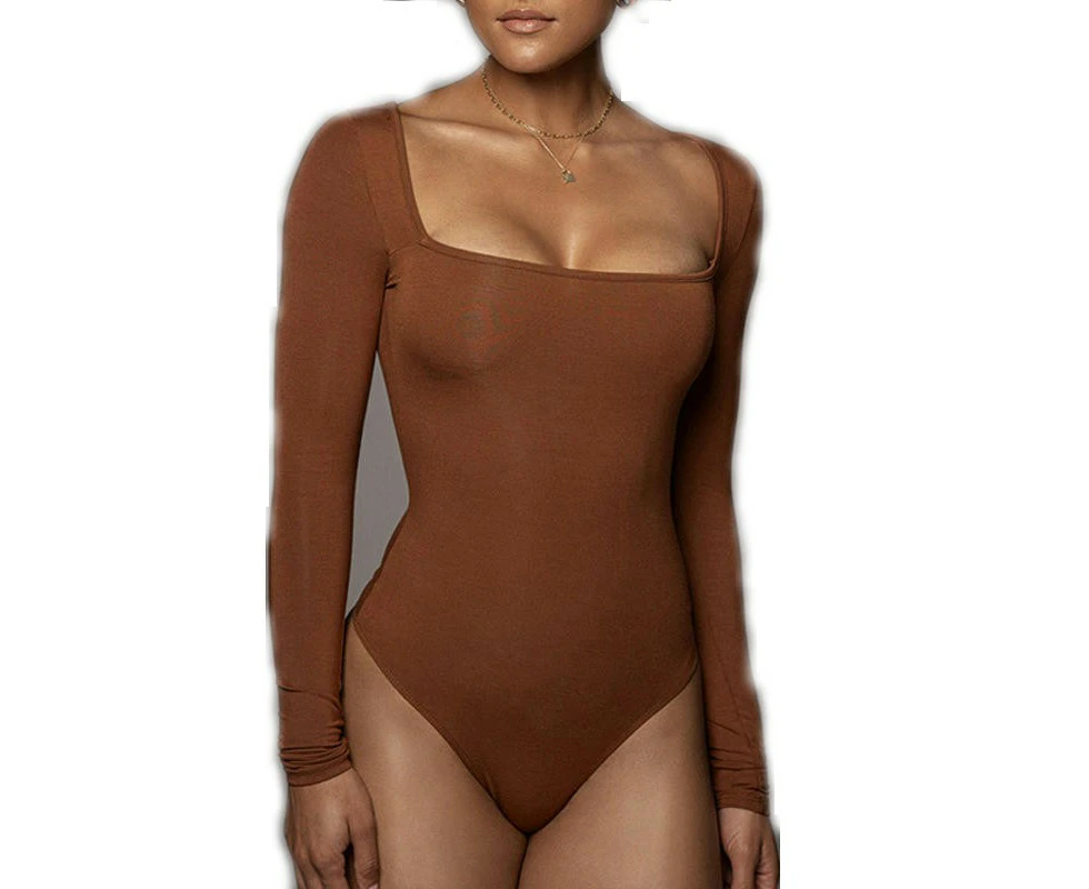 Women's Square Neck/V-Neck Long Sleeve Bodysuit Seamless Fitted Sexy Thong Top-brown