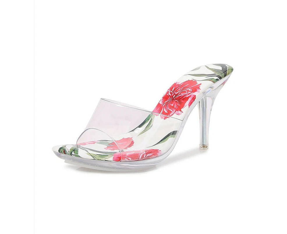 Women’s Clear Heels Open Toe Slip on Stiletto Heel Sandals-white