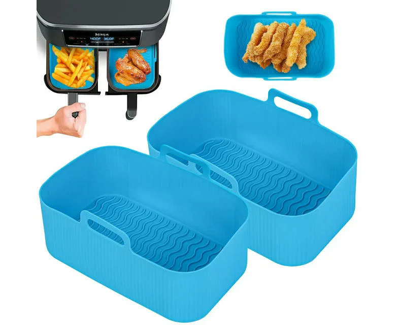 2PCS Air Fryer Silicone Tray Dish Dual 2 Basket Baking Pan Oven Pot Plate Liner Dual Air Fryer Accessories For Ninja Foodi-Blue 2pcs