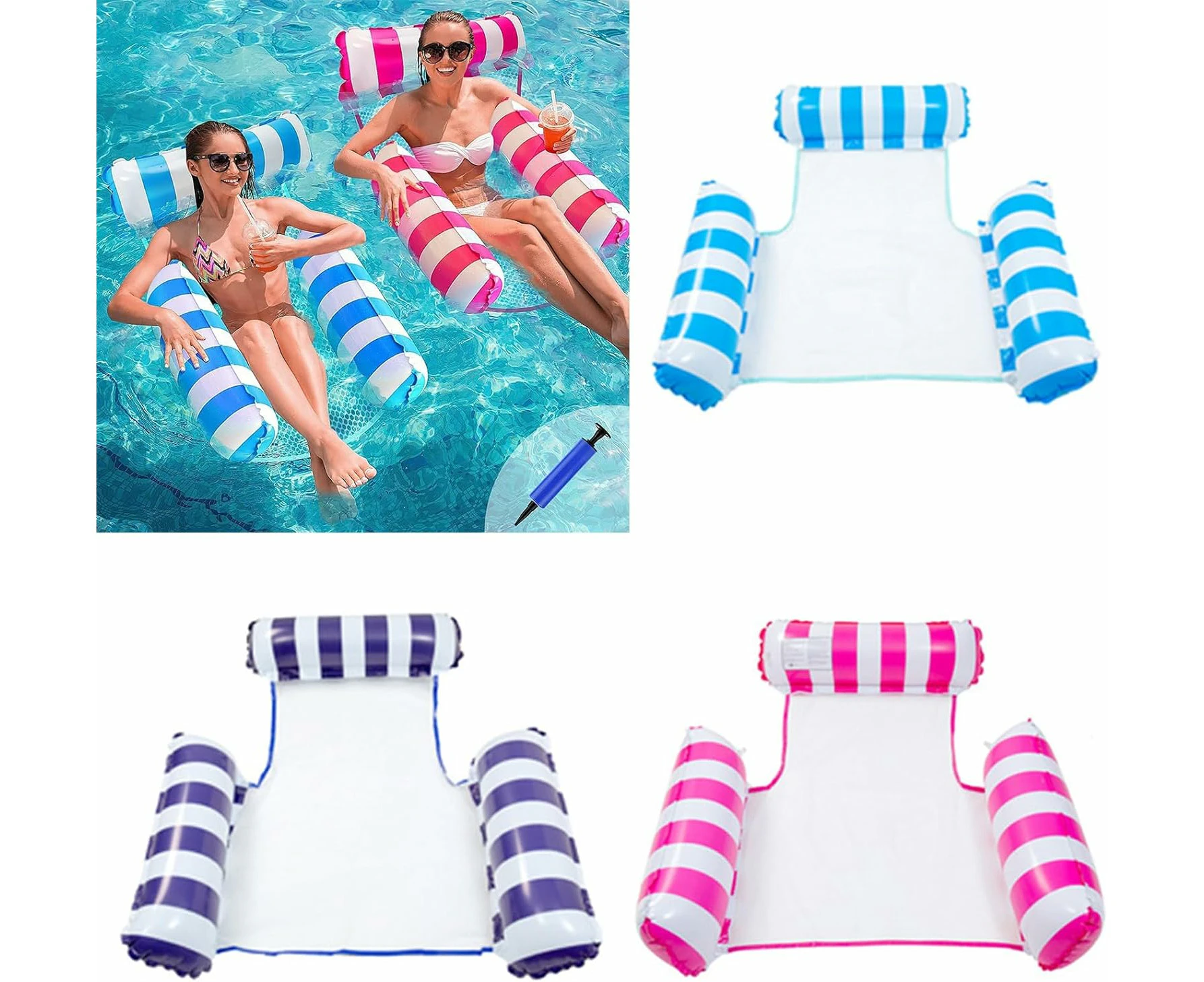 3 Pack Inflatable Water Hammock Floats Pool Float Hammock for Adults & Kids,Multi-Purpose Water Hammock,Eco-Friendly, Safe & Comfortable with Air Pump