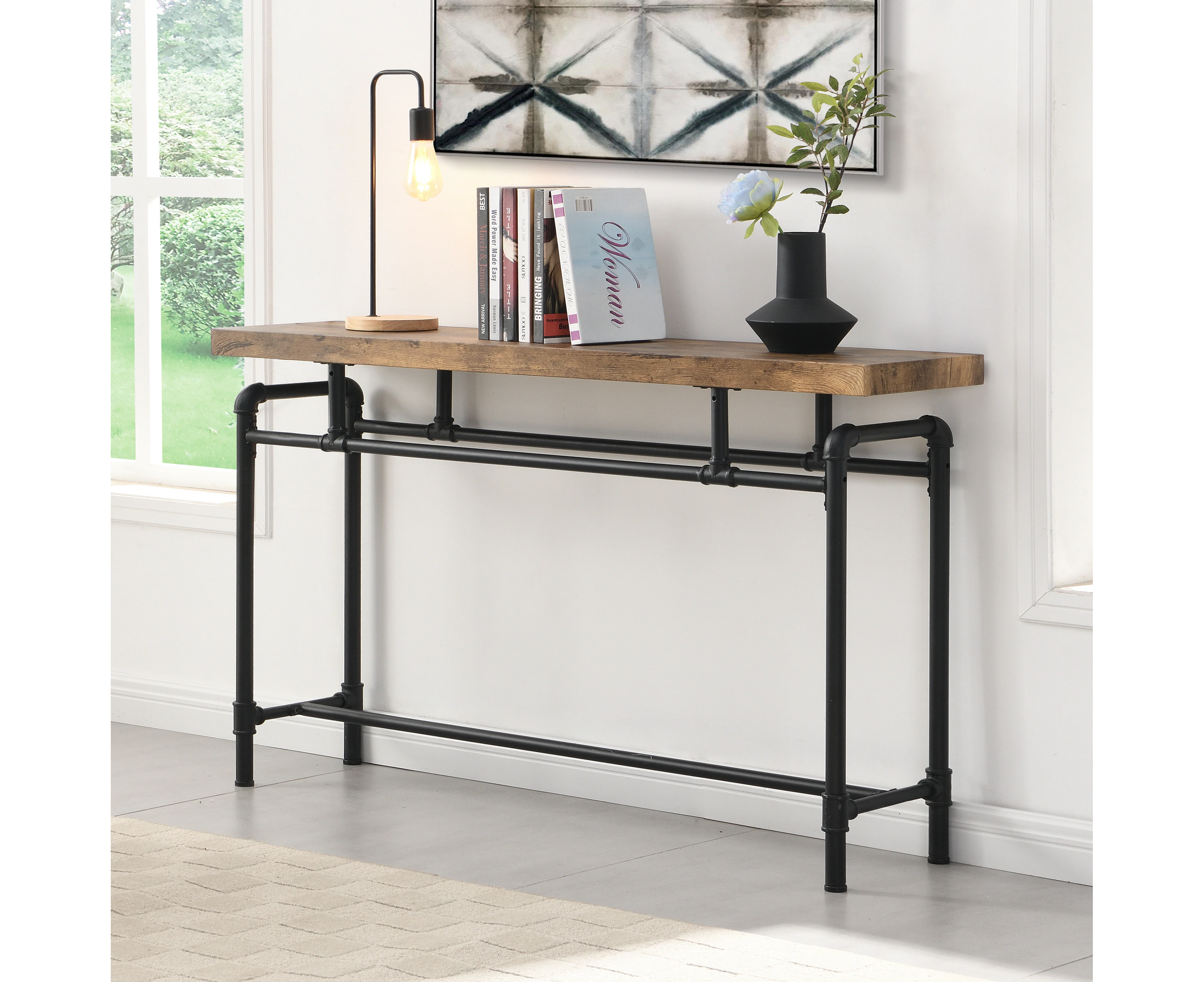 IHOMDEC Industrial Metal Tube & Wood Console Sofa Table 130cm Width Rustic Dark Brown