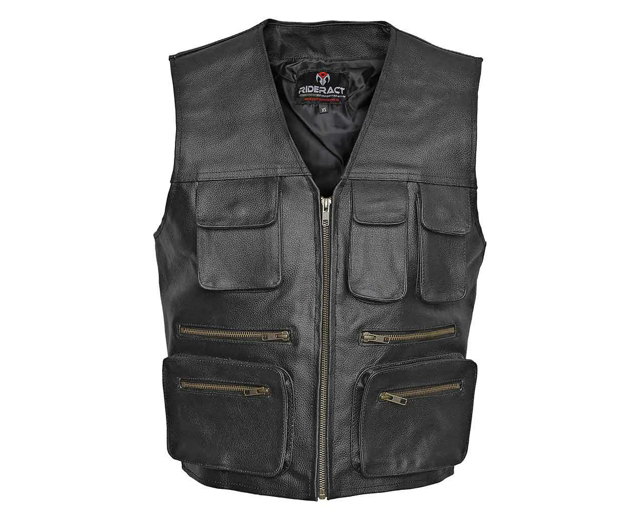 RIDERACT® Men Motorbike Leather Vest Black Cargo Biker Leather Vest Motorcycle Riding Vest Protective Gear