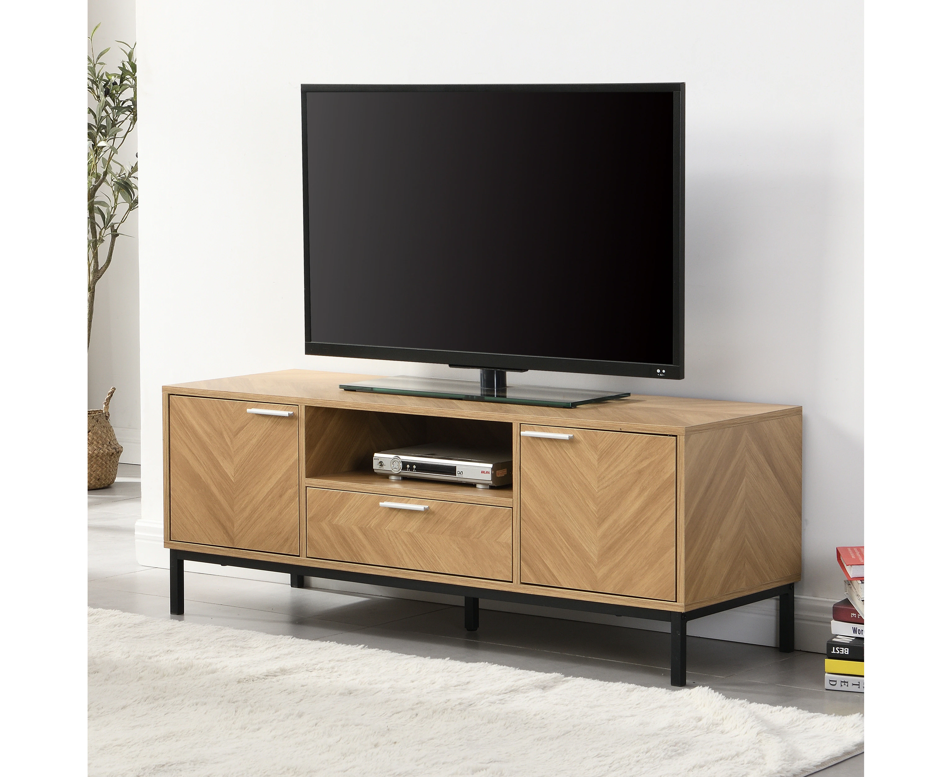 IHOMDEC Entertainment Unit TV Cabinet TV Stand Storage with Open Shelf and Two Cabinets Oak