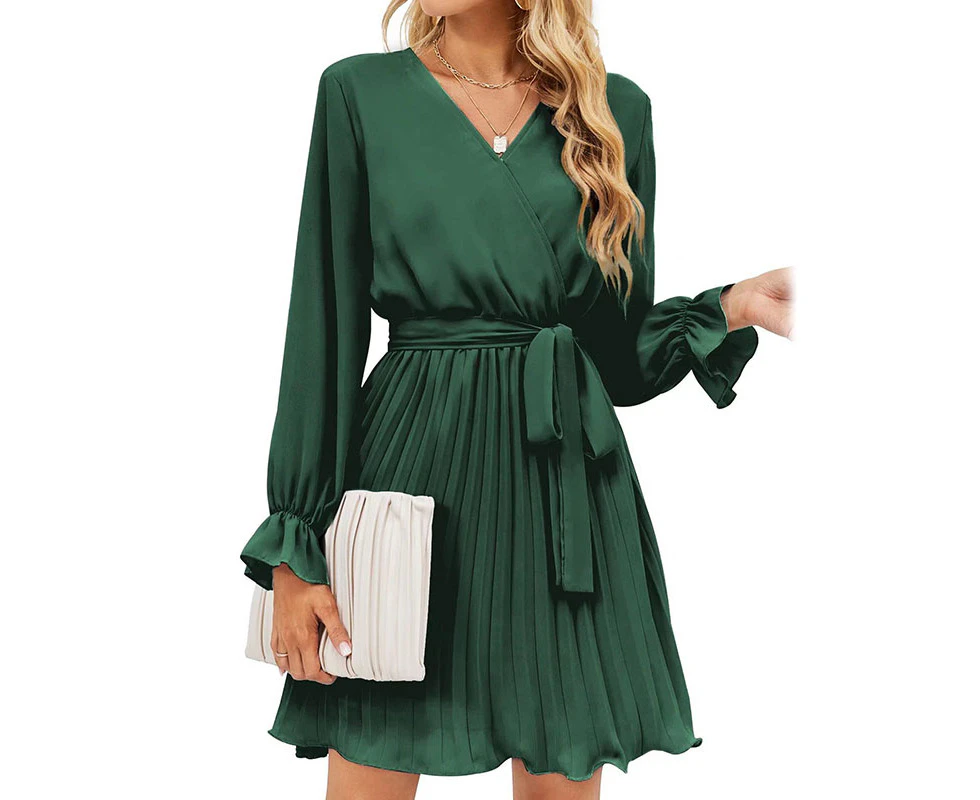 Strapsco Womens Flowy Pleated Dress Long Puff Sleeve V Neck Tie Waist Mini Dresses-Green