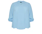 AUTOGRAPH - Plus Size - Womens Tops -  Ruffle Collar 3/4 Sleeve Peasant Top - Blue