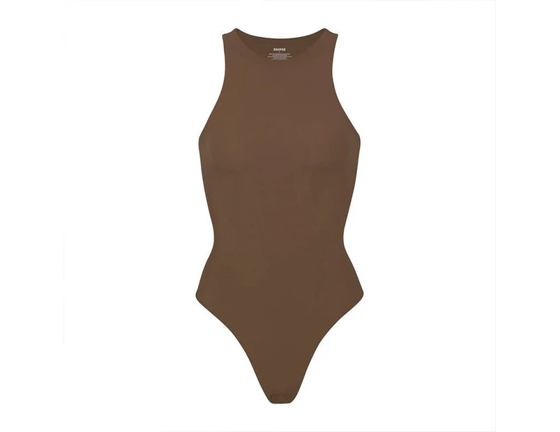 Women Bodysuits Tank Tops Sleeveless Sexy One Piece Halter Neck Shapewear Bodysuit-Coffee color