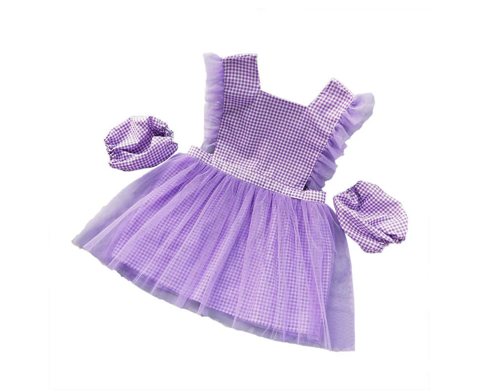 Madesmart Girls Princess Dress Apron with Sleeves Covers for Cooking Painting-Purple Plaid