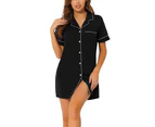Cheibear Lounge Short Sleeves Button Down Pajama Shirt Dress Black