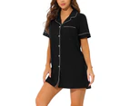 Cheibear Lounge Short Sleeves Button Down Pajama Shirt Dress Black