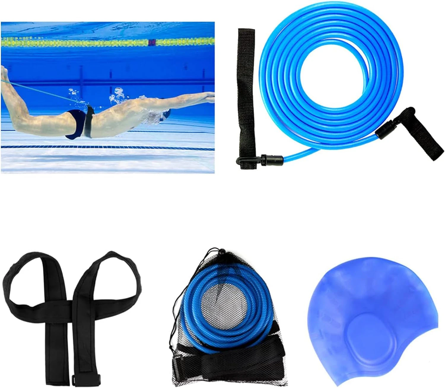 Swim Training Belts and Swim Cap, Swim Bungee Cords Resistance Bands Swim Tether Stationary Swimming, Swim Harness Static Swimming Belt