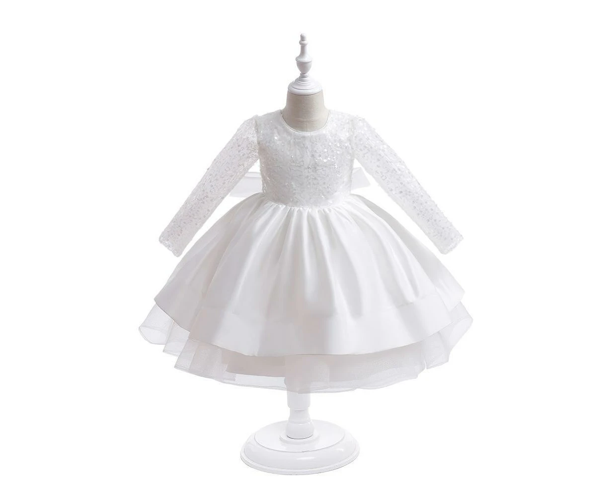 2yrs-10yrs Snowy Splendor: White Sequin Princess Dress with Tulle Bowtie Back - Timeless Grace for All Occasions