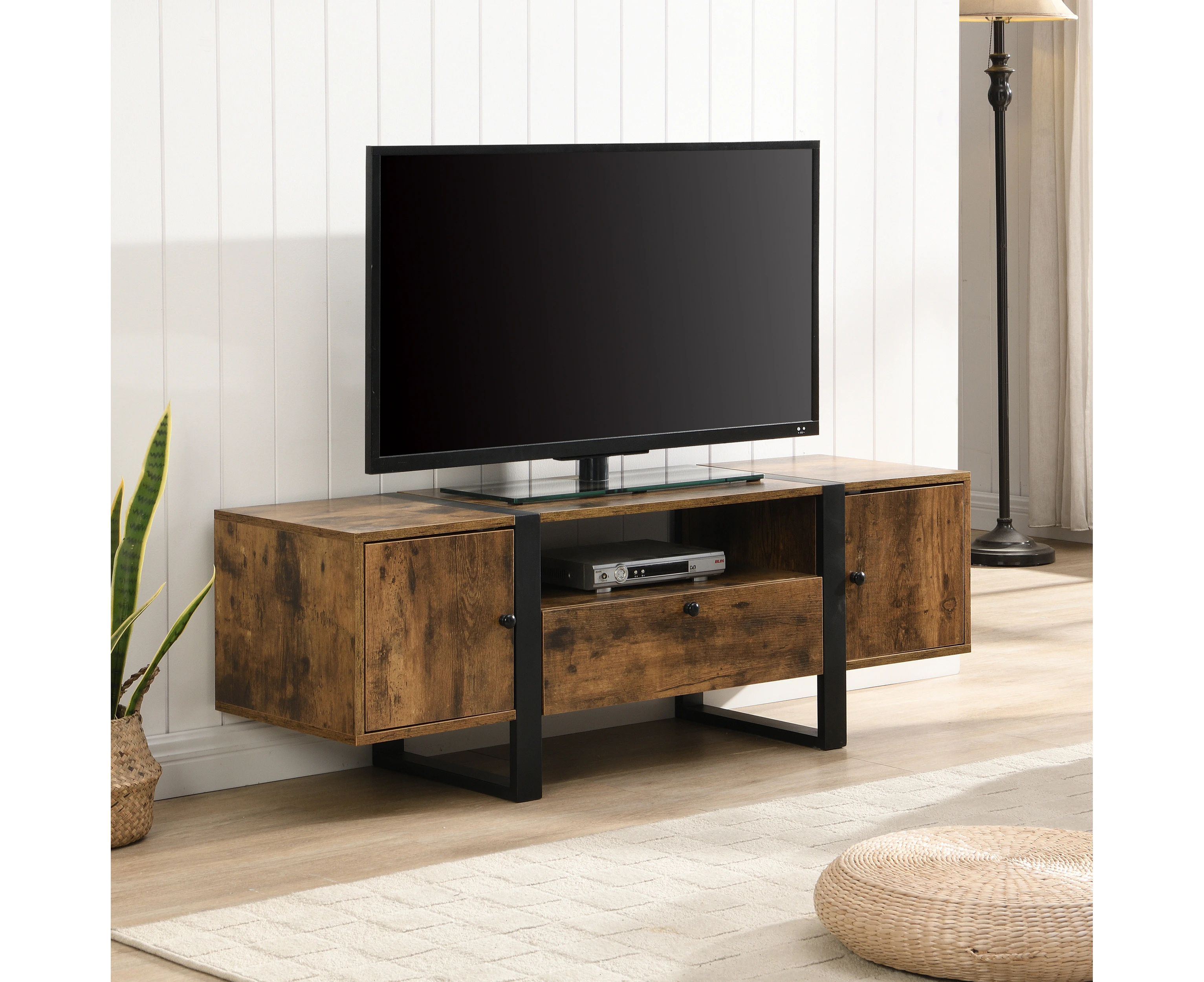 IHOMDEC Industrial Metal & Wood TV Cabinet TV Stand with Cabinets and Open Shelf Rustic Dark Brown