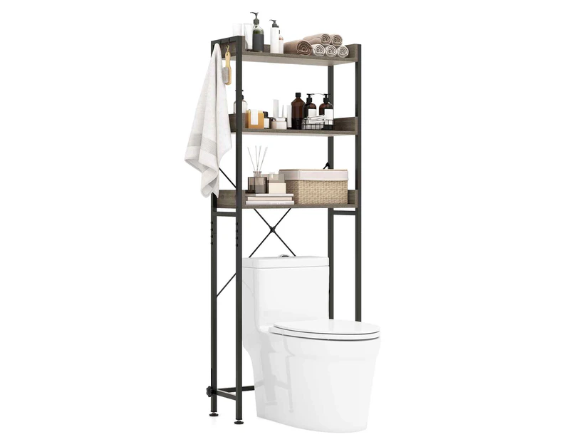 Costway 3-Tier Over Toilet Storage Shelf Bathroom Cabinet Laundry Organiser w/4 Hooks Adjustable Bar, Grey