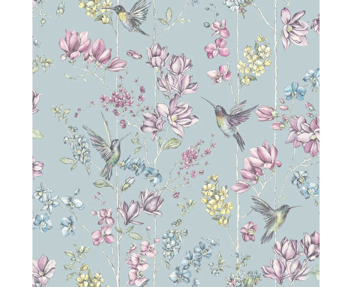 Holden Décor Floral Charm Hummingbird Wallpaper (Duck Egg Blue) - AG2068