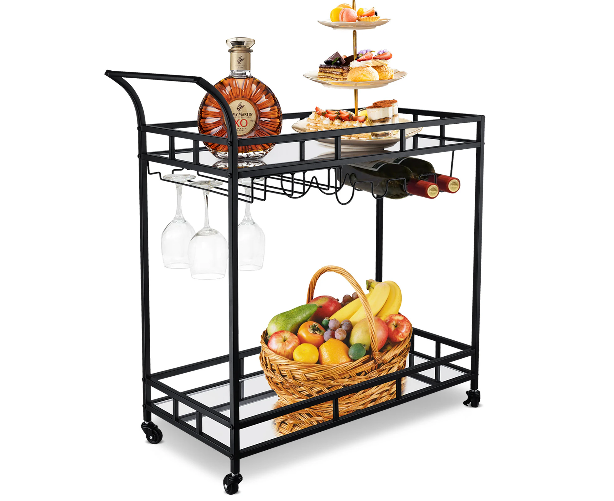 Black Bar Cart Drinks Coffee Tea Wine Serving Cart Trolley Glass Shelf Home Kitchen Storage Organiser