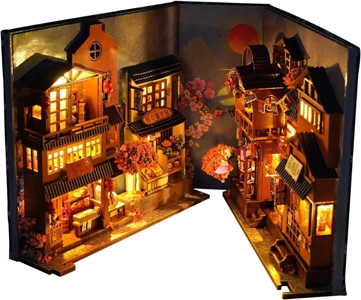 3D Wooden Puzzle Bookend DIY Book Nook Kit with LED Light Shelf Insert Alley Miniature Dollhouse Model Building Set Craft for Birthday Gifts