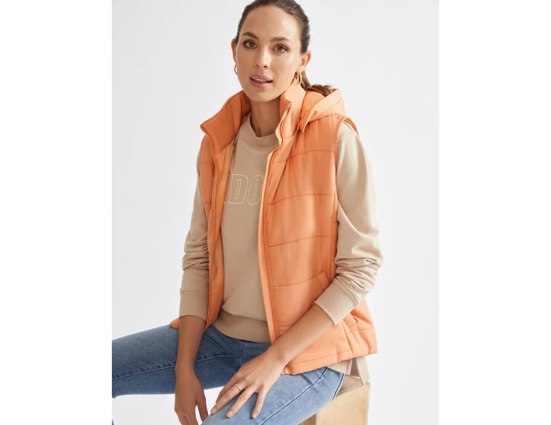 KATIES - Womens Vest -  Fur Trimmed Detachable Hooded Sleeveless Puffer - Orange