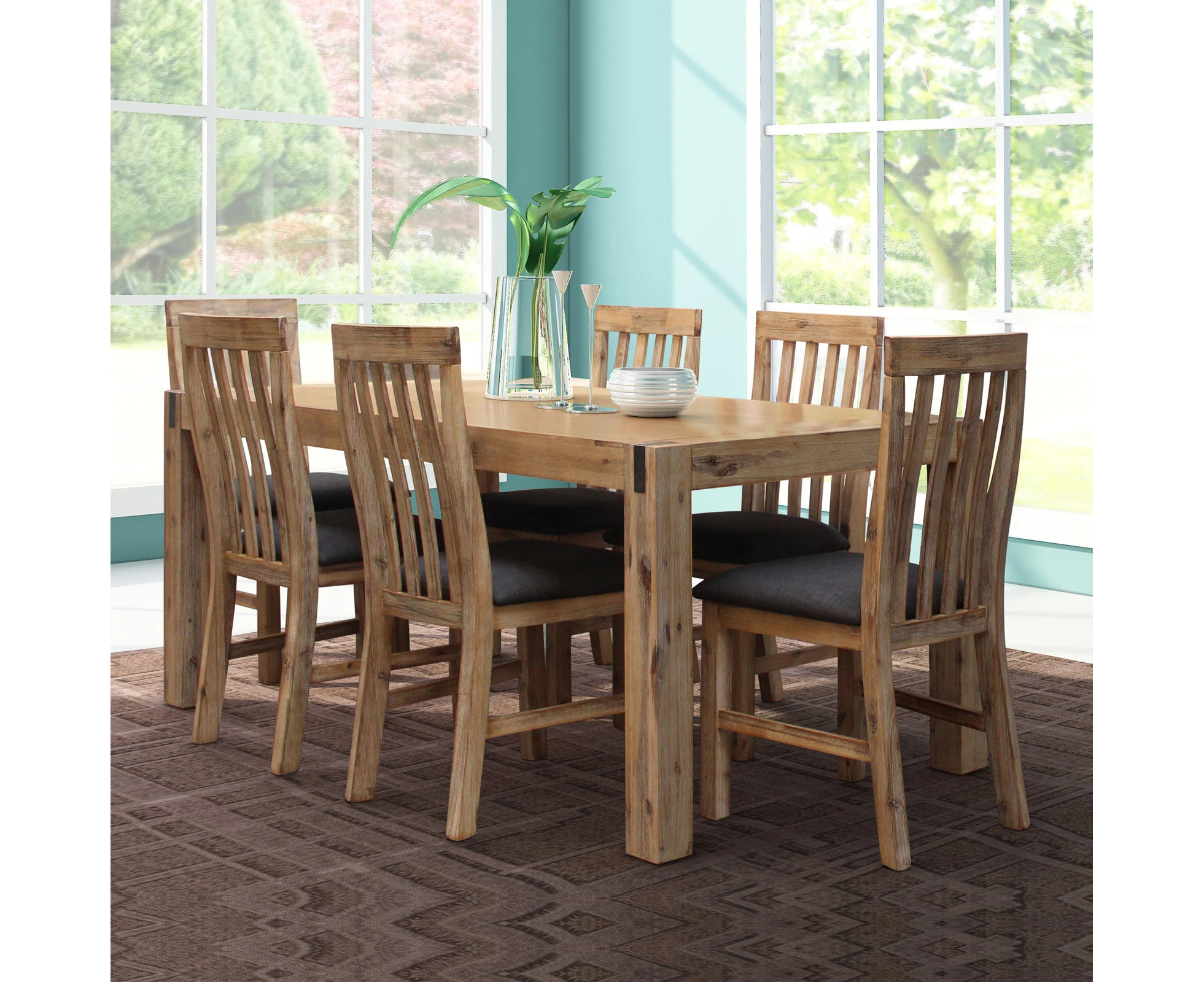 7 Pieces Dining Suite 180cm Medium Size Dining Table & 6X Chairs with Solid Acacia Wooden Base in Oak Colour