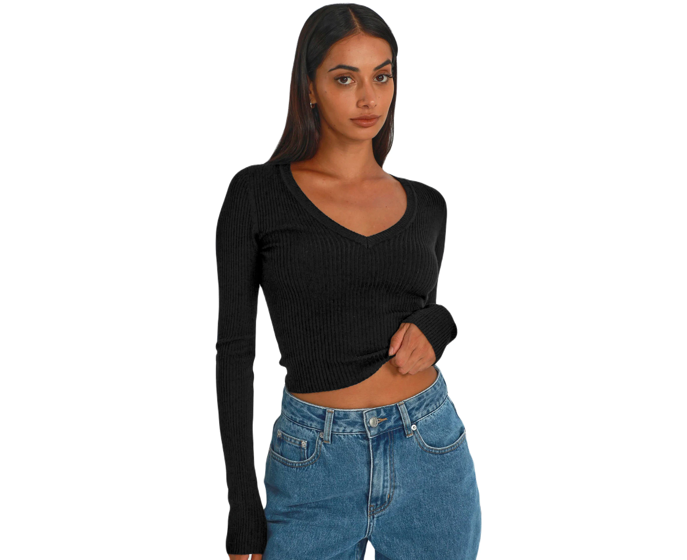 Women V-neck Crop Tops Elastic Ribbed Long Sleeve Crops Shirts Slim Fit Undershirts for Women-Black