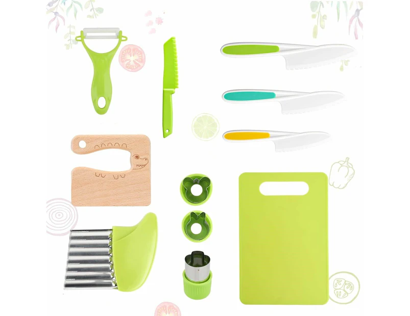 16-Piece Wooden Kids Kitchen Knife Set with Safe Tools and Cutting Board - Green